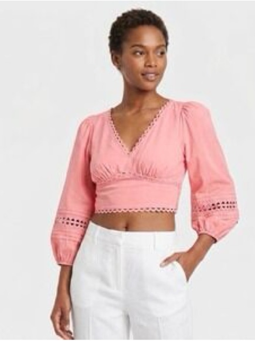 a new day Pink V-Neck Cropped Puff-Sleeve Top with Eyelet Trim XL